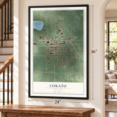 Cokato, Minnesota map, 24 x 36 inch print in a black frame by a staircase