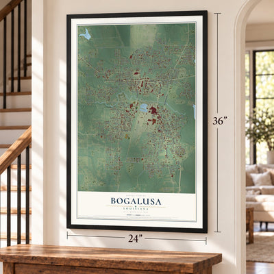 Bogalusa, Louisiana map, 24 x 36 inch print in a black frame by a staircase