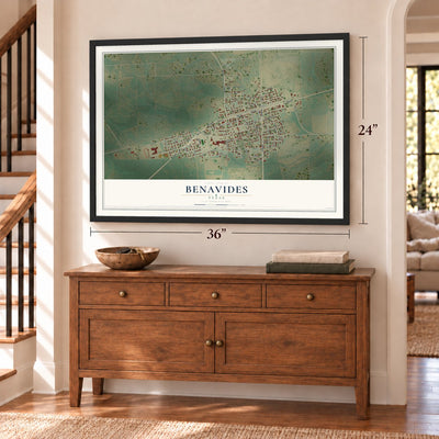 Benavides, Texas map, 24 x 36 inch print in a black frame above a dresser by a staircase