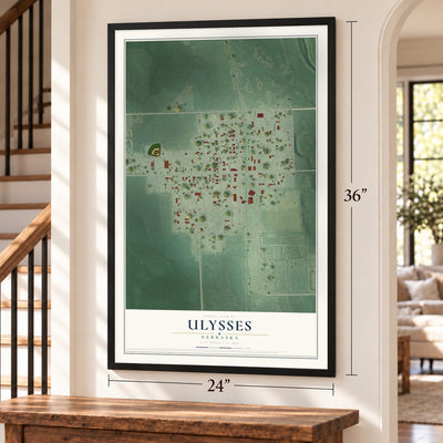 Ulysses, Nebraska map, 24 x 36 inch print in a black frame by a staircase
