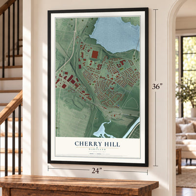 Cherry Hill, Maryland map, 24 x 36 inch print in a black frame by a staircase
