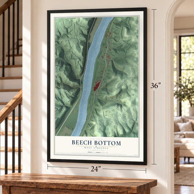 Beech Bottom, West Virginia map, 24 x 36 inch print in a black frame by a staircase