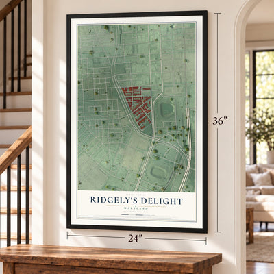 Ridgely's Delight, Maryland map, 24 x 36 inch print in a black frame by a staircase