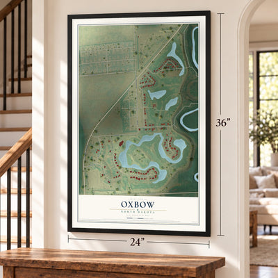 Oxbow, North Dakota map, 24 x 36 inch print in a black frame by a staircase