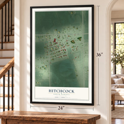 Hitchcock, South Dakota map, 24 x 36 inch print in a black frame by a staircase