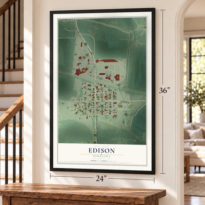 Edison, Nebraska map, 24 x 36 inch print in a black frame by a staircase