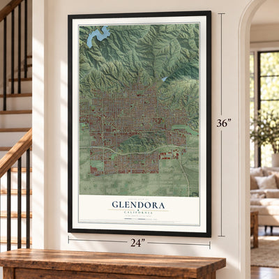 Glendora, California map, 24 x 36 inch print in a black frame by a staircase