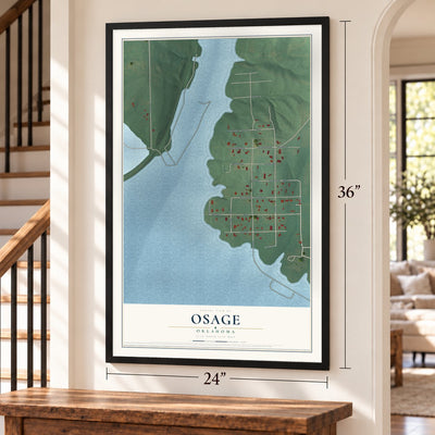 Osage, Oklahoma map, 24 x 36 inch print in a black frame by a staircase