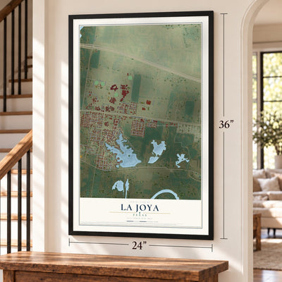 La Joya, Texas map, 24 x 36 inch print in a black frame by a staircase