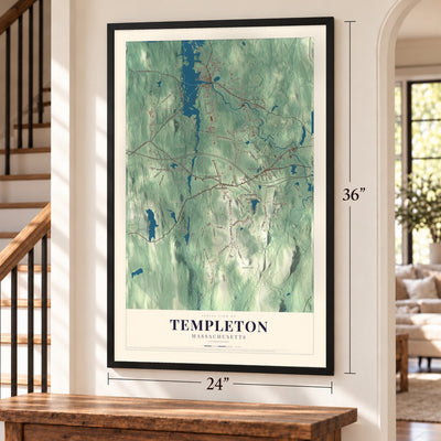Templeton, Massachusetts map, 24 x 36 inch print in a black frame by a staircase
