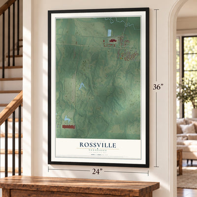 Rossville, Tennessee map, 24 x 36 inch print in a black frame by a staircase