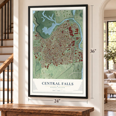 Central Falls, Rhode Island map, 24 x 36 inch print in a black frame by a staircase