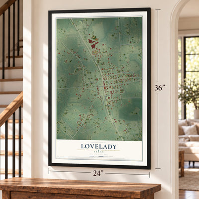 Lovelady, Texas map, 24 x 36 inch print in a black frame by a staircase