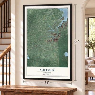 Suffolk, Virginia map, 24 x 36 inch print in a black frame by a staircase