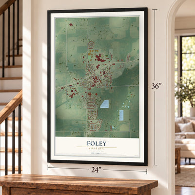 Foley, Minnesota map, 24 x 36 inch print in a black frame by a staircase