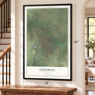 Coleman, Texas map, 24 x 36 inch print in a black frame by a staircase