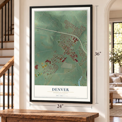 Denver, Pennsylvania map, 24 x 36 inch print in a black frame by a staircase
