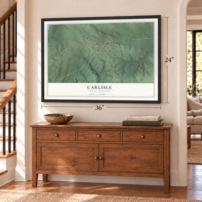 Carlisle, South Carolina map, 24 x 36 inch print in a black frame above a dresser by a staircase