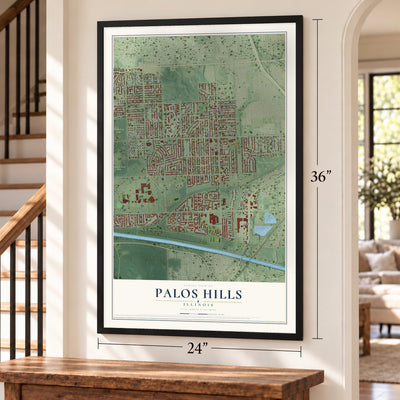 Palos Hills, Illinois map, 24 x 36 inch print in a black frame by a staircase