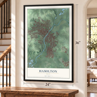 Hamilton, Ohio map, 24 x 36 inch print in a black frame by a staircase