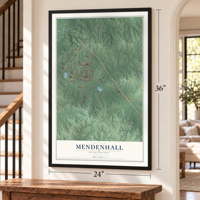 Mendenhall, Mississippi map, 24 x 36 inch print in a black frame by a staircase