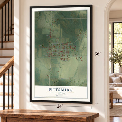 Pittsburg, Illinois map, 24 x 36 inch print in a black frame by a staircase