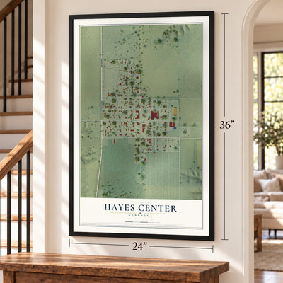Hayes Center, Nebraska map, 24 x 36 inch print in a black frame by a staircase