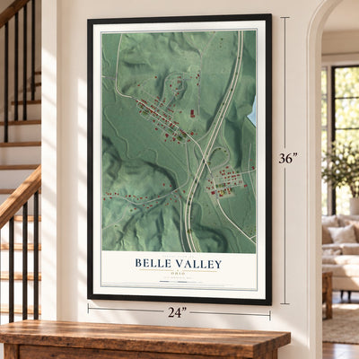 Belle Valley, Ohio map, 24 x 36 inch print in a black frame by a staircase