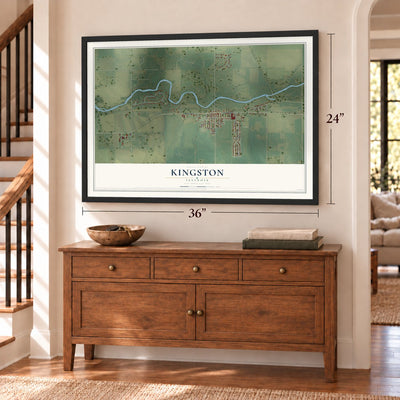 Kingston, Illinois map, 24 x 36 inch print in a black frame above a dresser by a staircase