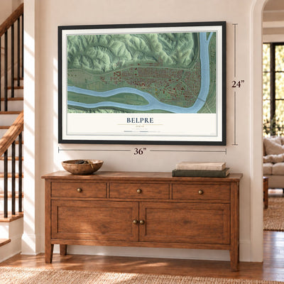 Belpre, Ohio map, 24 x 36 inch print in a black frame above a dresser by a staircase