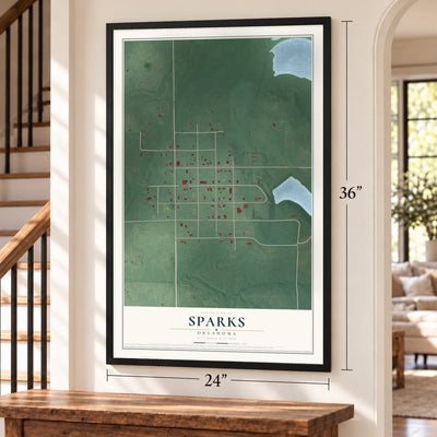 Sparks, Oklahoma map, 24 x 36 inch print in a black frame by a staircase