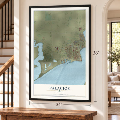 Palacios, Texas map, 24 x 36 inch print in a black frame by a staircase