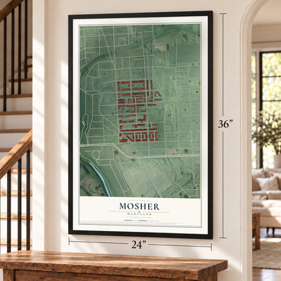 Mosher, Maryland map, 24 x 36 inch print in a black frame by a staircase
