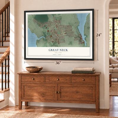 Great Neck, New York map, 24 x 36 inch print in a black frame above a dresser by a staircase
