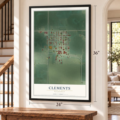 Clements, Minnesota map, 24 x 36 inch print in a black frame by a staircase