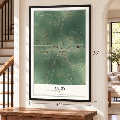 Daisy, Georgia map, 24 x 36 inch print in a black frame by a staircase