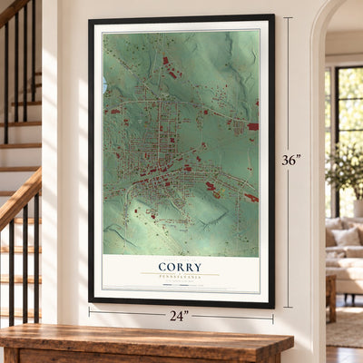 Corry, Pennsylvania map, 24 x 36 inch print in a black frame by a staircase