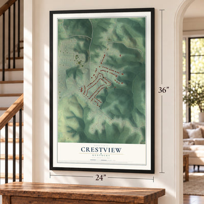 Crestview, Kentucky map, 24 x 36 inch print in a black frame by a staircase