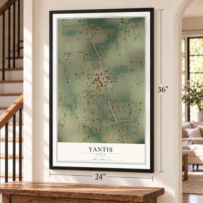 Yantis, Texas map, 24 x 36 inch print in a black frame by a staircase