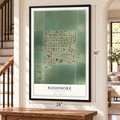 Rushmore, Minnesota map, 24 x 36 inch print in a black frame by a staircase