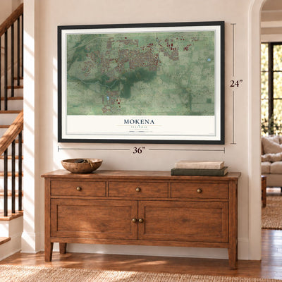 Mokena, Illinois map, 24 x 36 inch print in a black frame above a dresser by a staircase