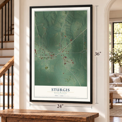 Sturgis, Mississippi map, 24 x 36 inch print in a black frame by a staircase