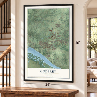 Godfrey, Illinois map, 24 x 36 inch print in a black frame by a staircase