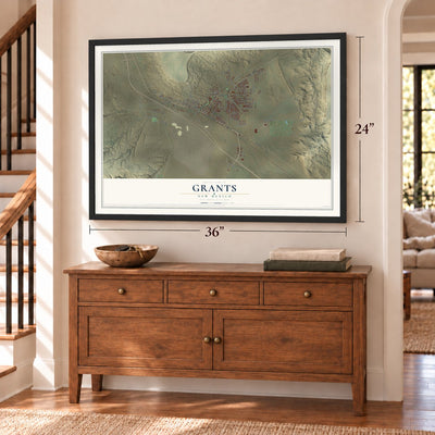 Grants, New Mexico map, 24 x 36 inch print in a black frame above a dresser by a staircase