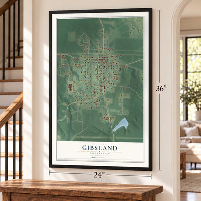 Gibsland, Louisiana map, 24 x 36 inch print in a black frame by a staircase