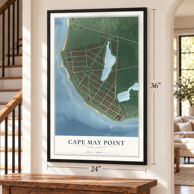Cape May Point, New Jersey map, 24 x 36 inch print in a black frame by a staircase