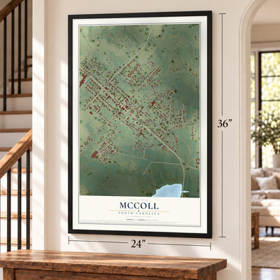 McColl, South Carolina map, 24 x 36 inch print in a black frame by a staircase