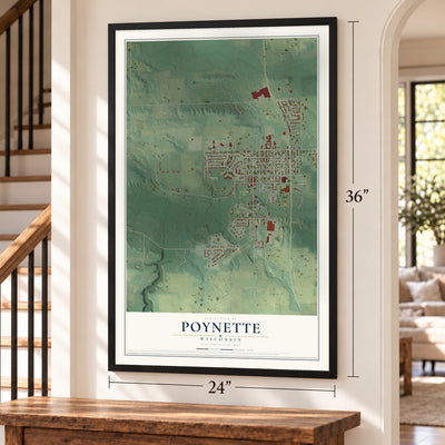 Poynette, Wisconsin map, 24 x 36 inch print in a black frame by a staircase