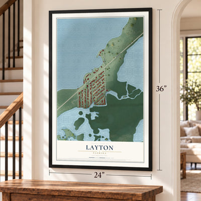 Layton, Florida map, 24 x 36 inch print in a black frame by a staircase