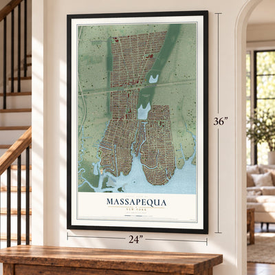 Massapequa, New York map, 24 x 36 inch print in a black frame by a staircase